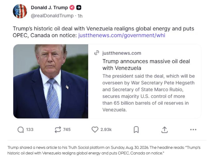 Трамп поделился новостным заголовком о том, что Канада «предупреждена» после нефтяной сделки с Венесуэлой