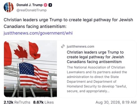 Трамп поделился предложением христианской группы разрешить канадским евреям, сталкивающимся с антисемитизмом, бежать в США